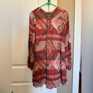 Aztec Lace-Up Shift Dress in Rust Pink